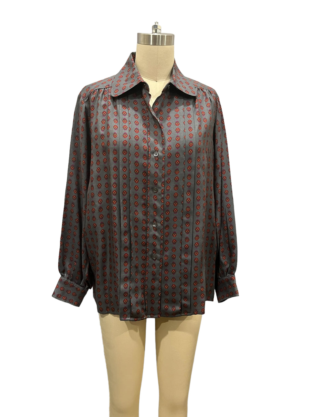 Vintage YSL Yves Saint Laurent Grey Print Wool Blouse