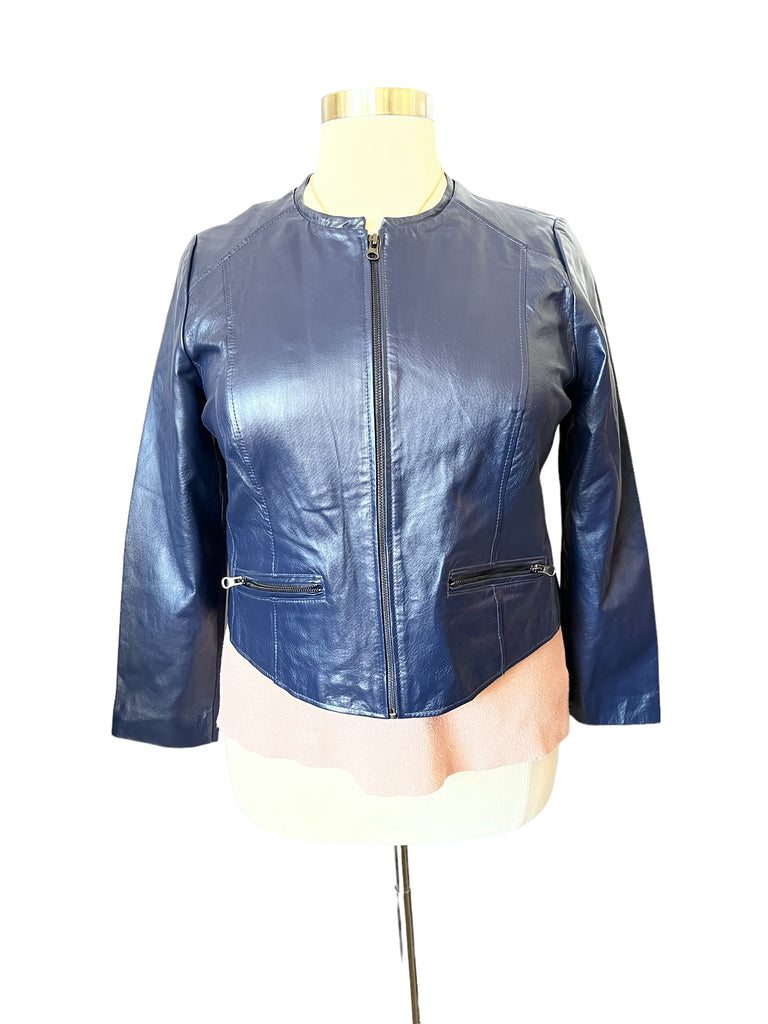 Jessica London Blue Collarless Leather Front Zip Jacket