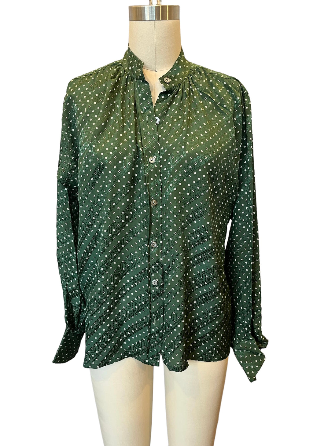 Vintage Yves Saint Laurent Green Silk Mandarin Collar Peasant Blouse - S-M
