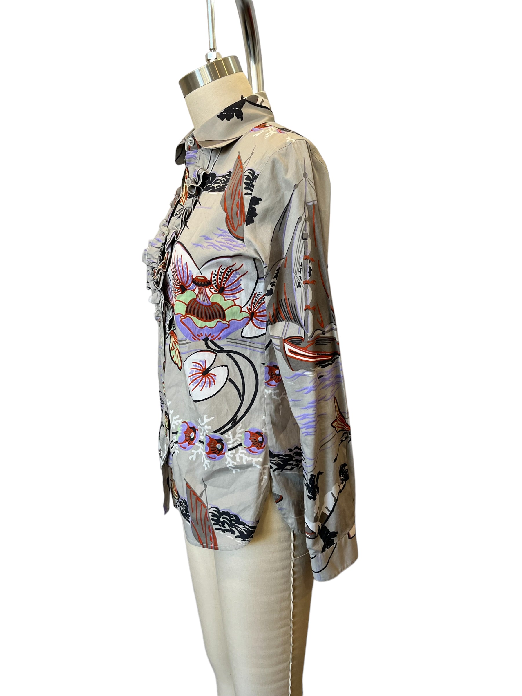 Etro Cotton Print Front Ruffle Blouse Top sz 38 - S