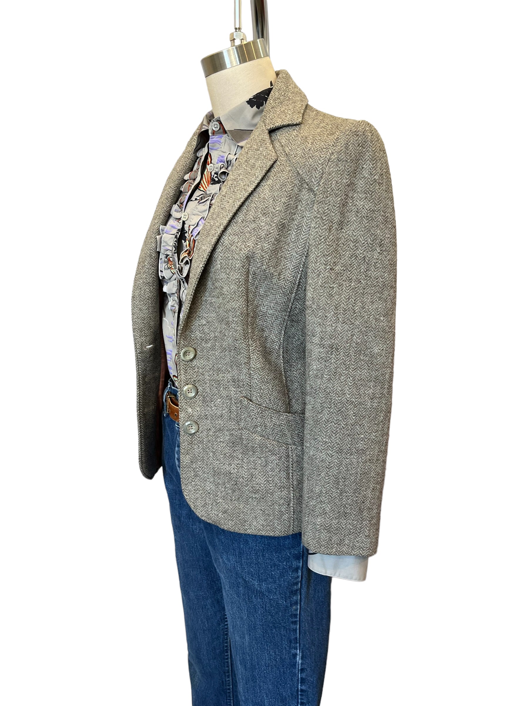 Vintage Herringbone Fitted Wool Blazer - XS - S