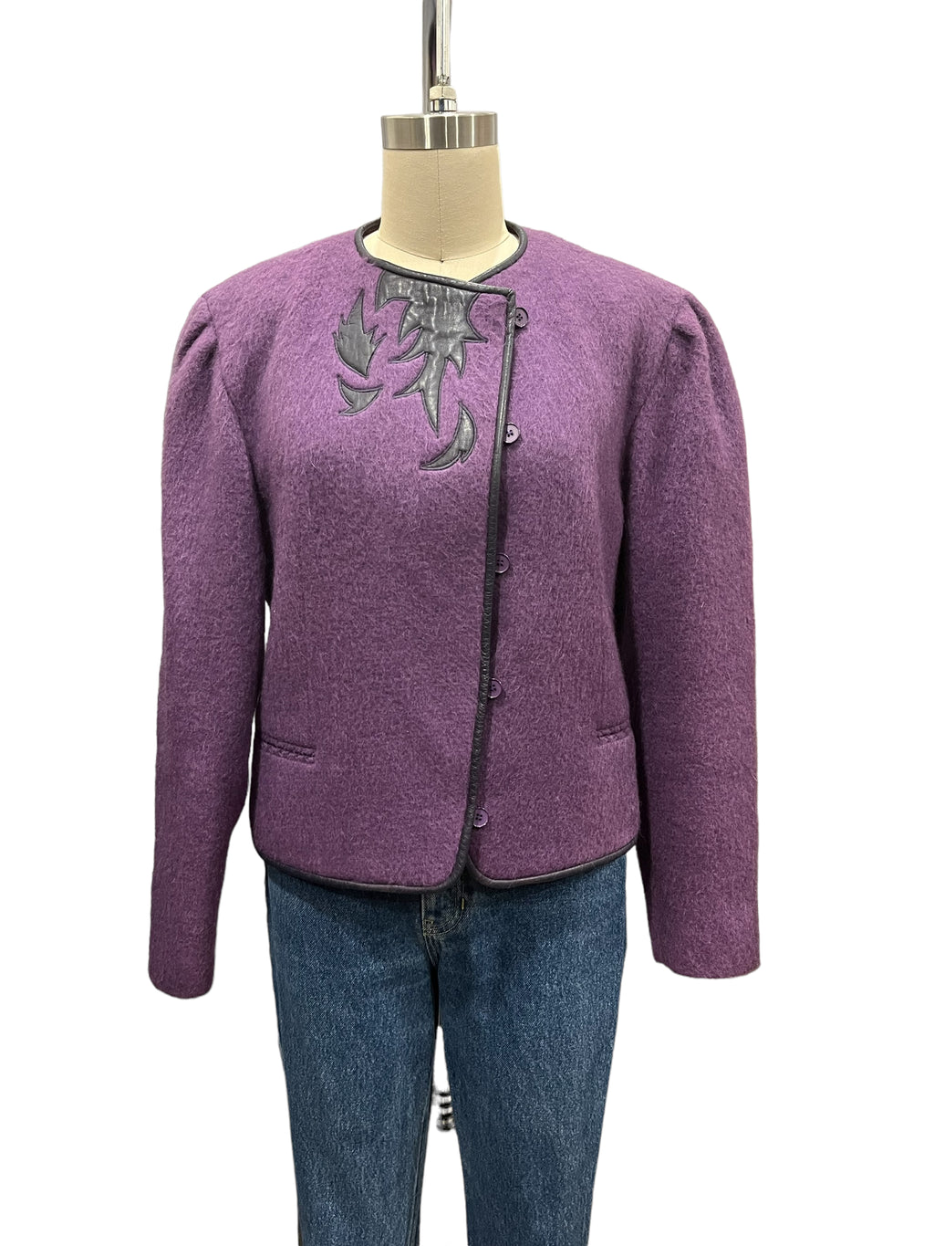 Vintage J. Tiktiner Purple Wool and Leather 80s Jacket - S - M