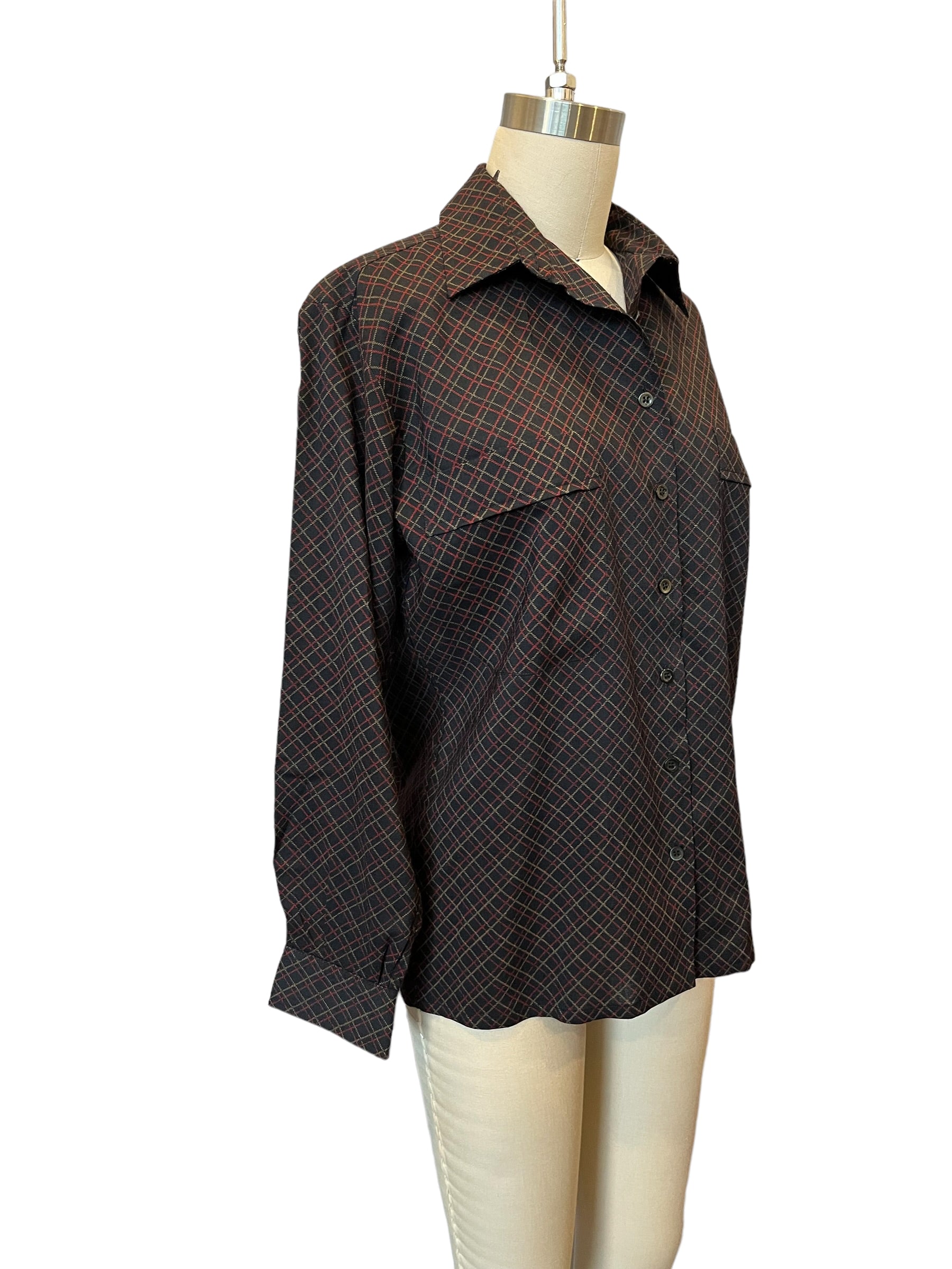 Vintage YSL Yves Saint Laurent Blue Plaid Print Wool Blouse