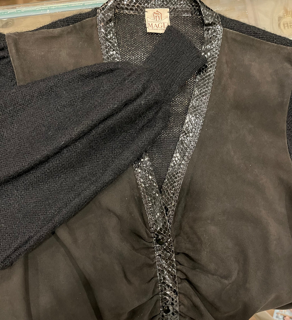 Vintage Magli Black Mohair Suede Snakeskin Cardigan Jacket S-M