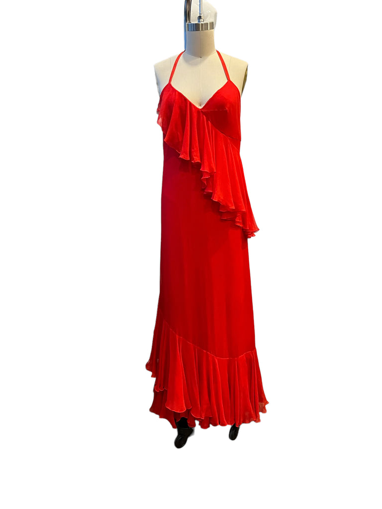 Rare Donald Brooks Red Chiffon Ruffle Maxi Dress - S