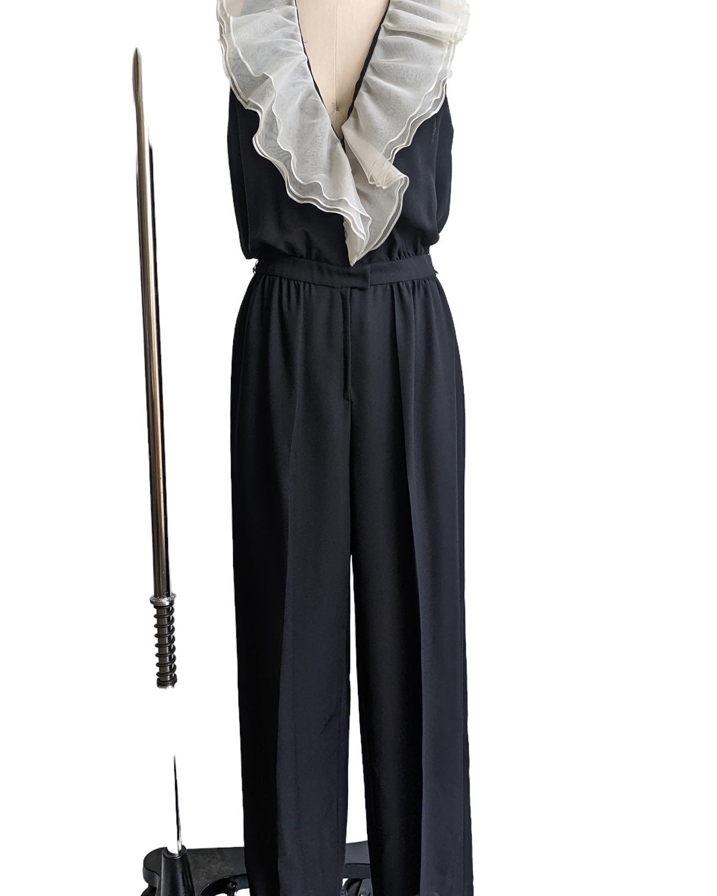 Vintage Frank Masandrea Black Ruffle Neckline Jumpsuit S-M