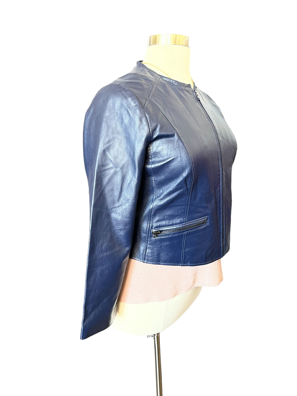 Jessica London Blue Collarless Leather Front Zip Jacket