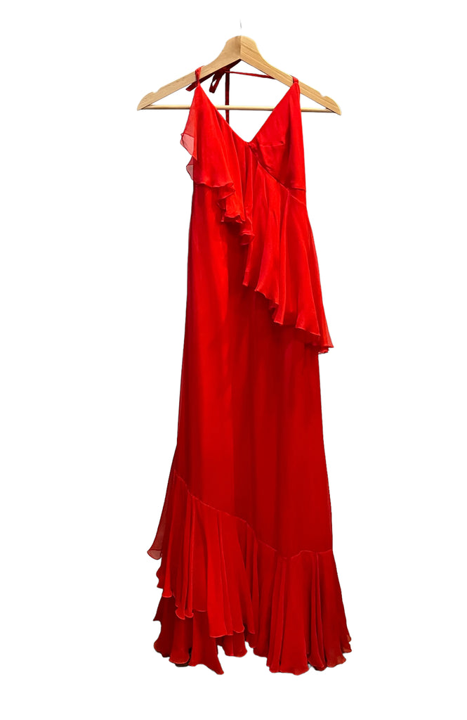 Rare Donald Brooks Red Chiffon Ruffle Maxi Dress - S
