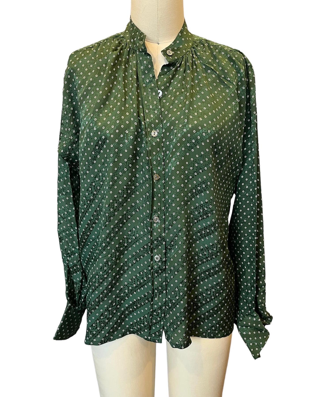 Vintage Yves Saint Laurent Green Silk Mandarin Collar Peasant Blouse - S-M