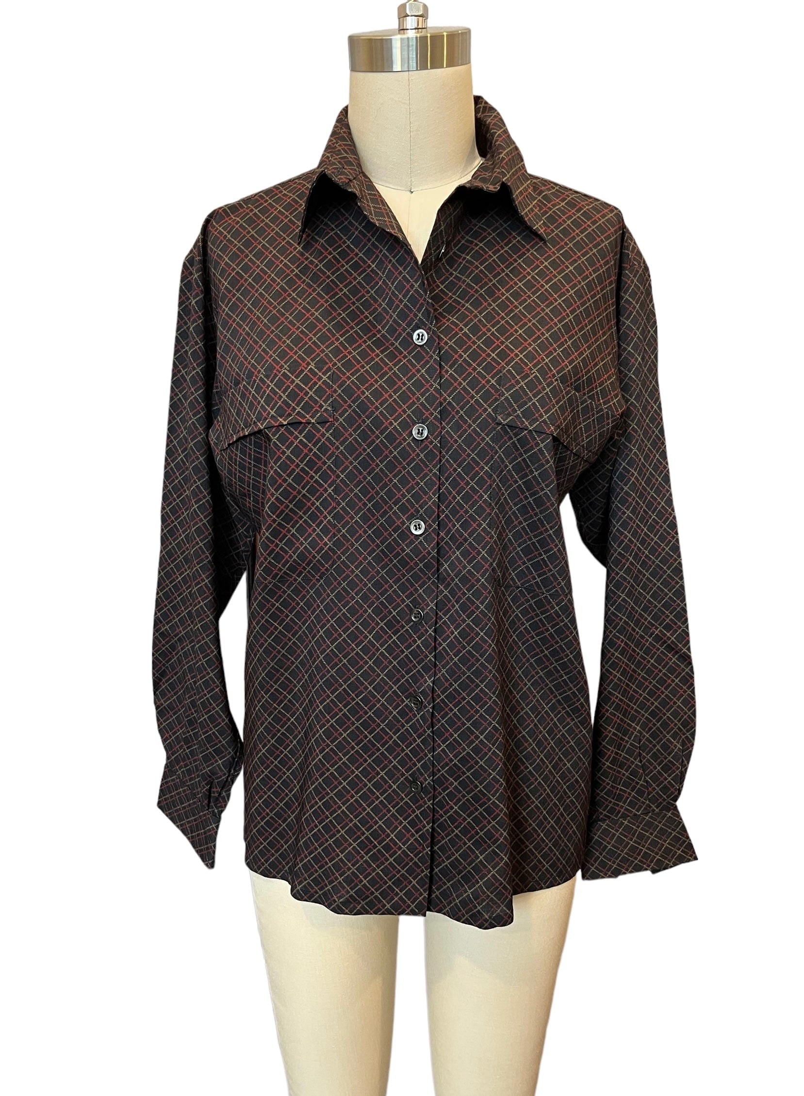 Vintage YSL Yves Saint Laurent Blue Plaid Print Wool Blouse