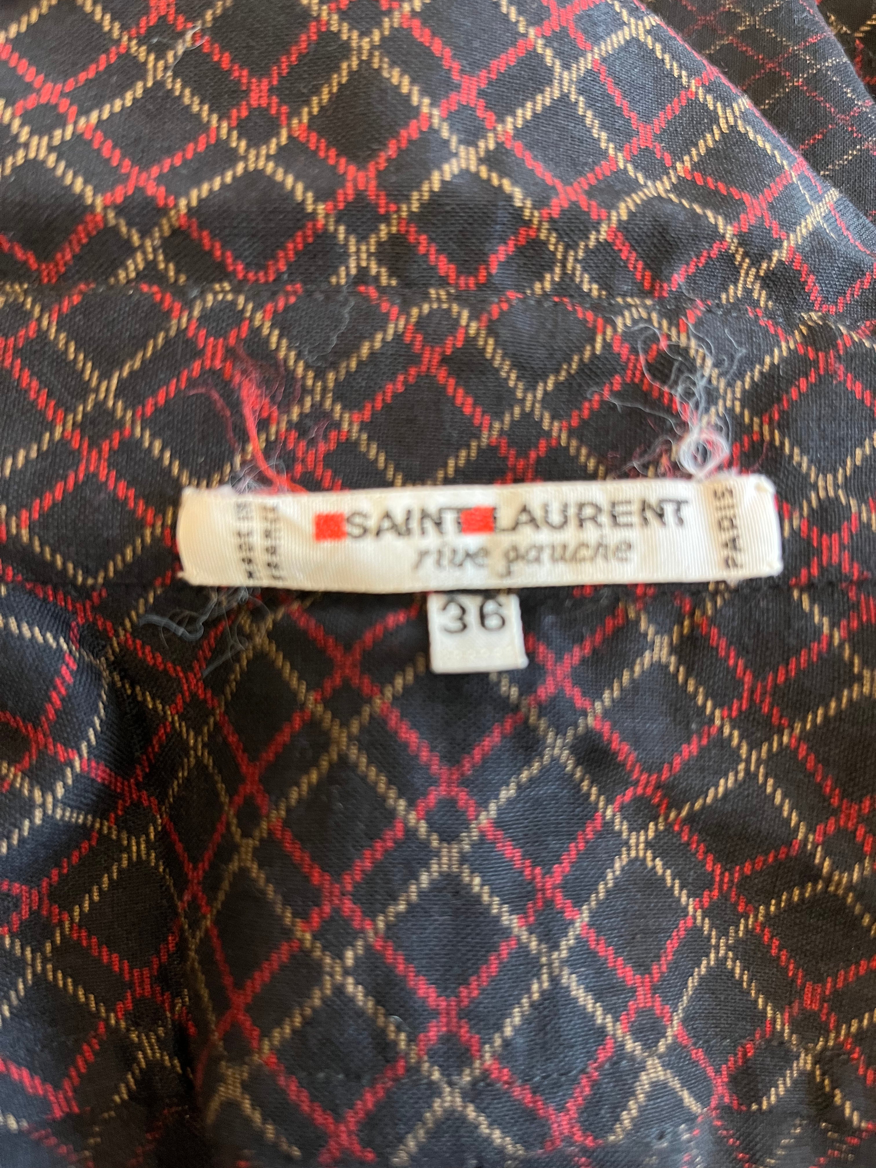 Vintage YSL Yves Saint Laurent Blue Plaid Print Wool Blouse