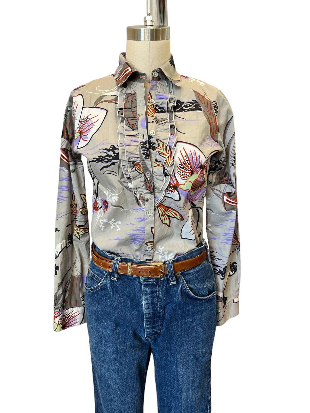 Etro Cotton Print Front Ruffle Blouse Top sz 38 - S