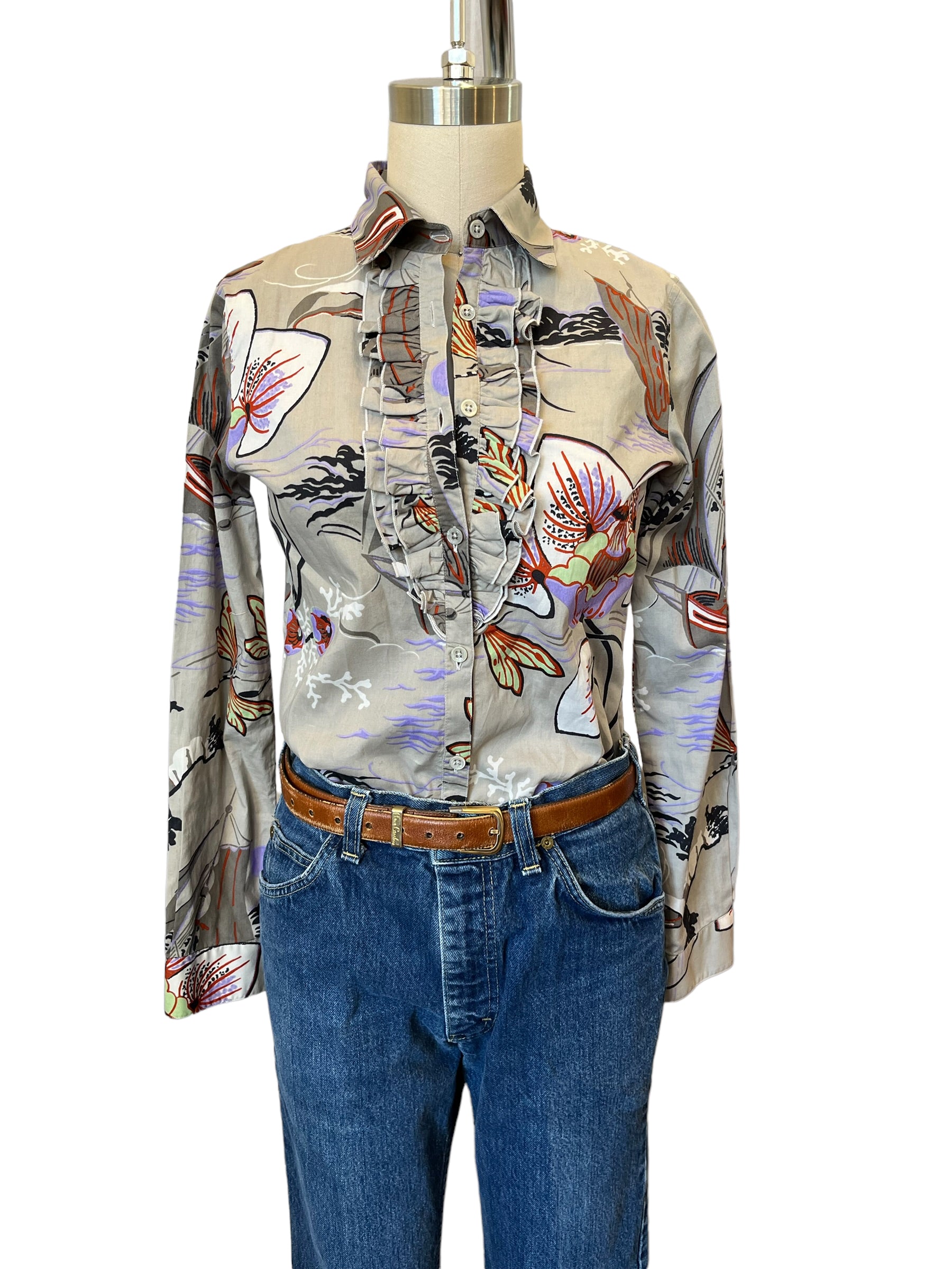 Etro Cotton Print Front Ruffle Blouse Top sz 38 - S