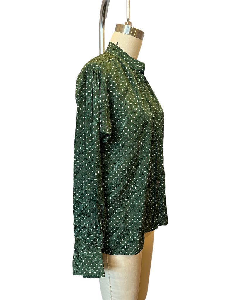 Vintage Yves Saint Laurent Green Silk Mandarin Collar Peasant Blouse - S-M
