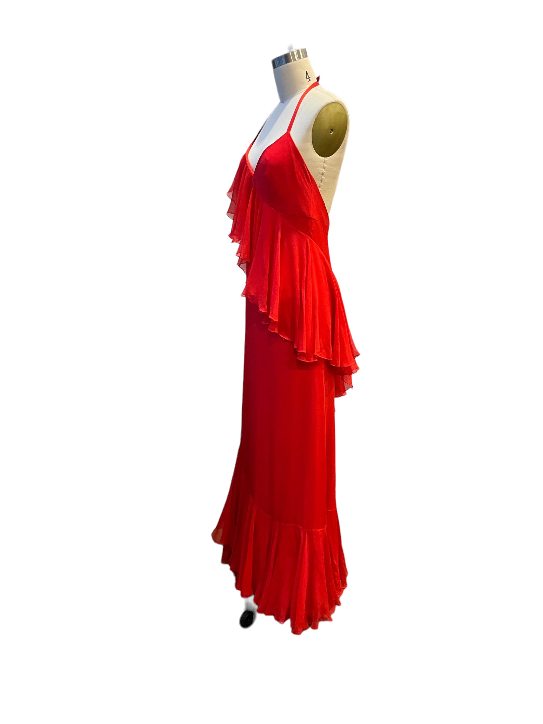 Rare Donald Brooks Red Chiffon Ruffle Maxi Dress - S