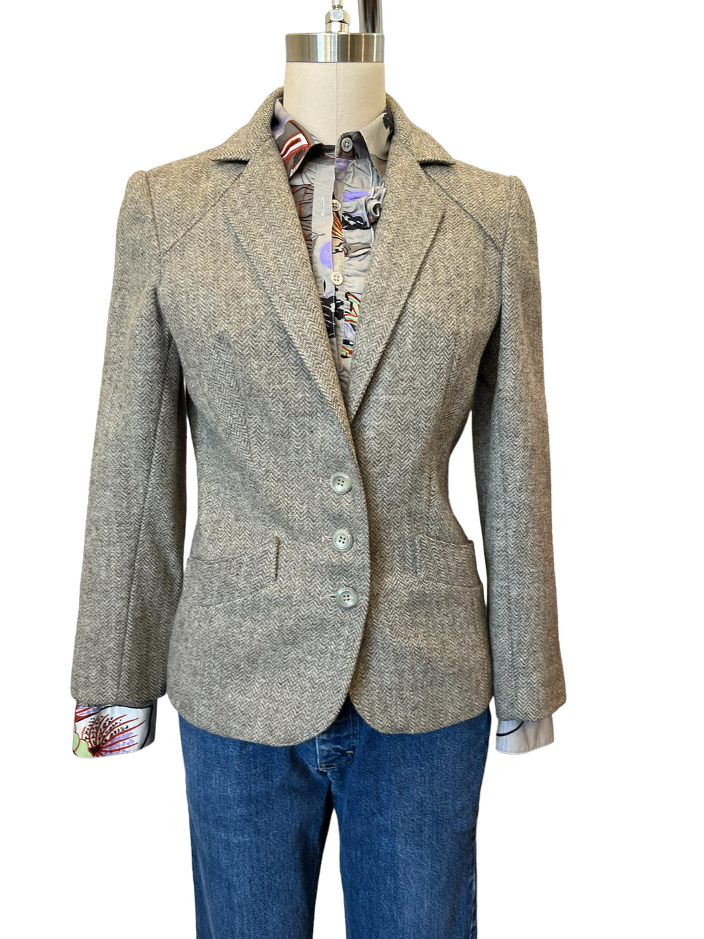 Vintage Herringbone Fitted Wool Blazer - XS - S
