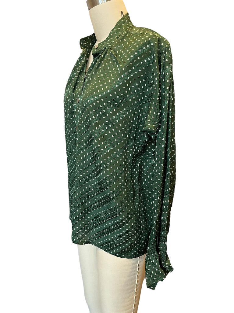 Vintage Yves Saint Laurent Green Silk Mandarin Collar Peasant Blouse - S-M