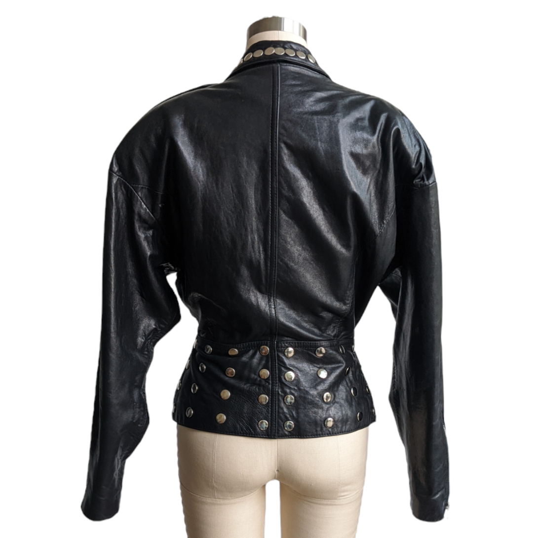 Vintage 80s Black Studded Leather Biker Jacket | Pimbeche